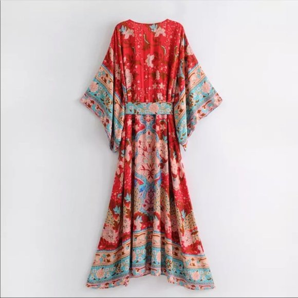 New Boho Floral Kimono Red Maxi Belted Dress - Picture 6 of 7